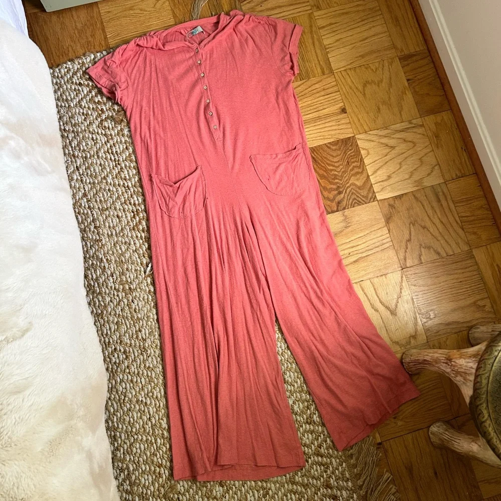 Free People Beach Coral Button-Front Jumpsuit M